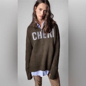 Zadig&Voltaire Almy Cheri Khaki Merino Wool Half Zip Collar Pullover Sweater NWT